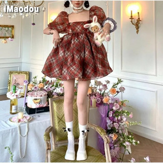 IMAODOU Đầm công chúa tay phồng cổ vuông phong cách retro thời trang mới mùa hè cho nữ