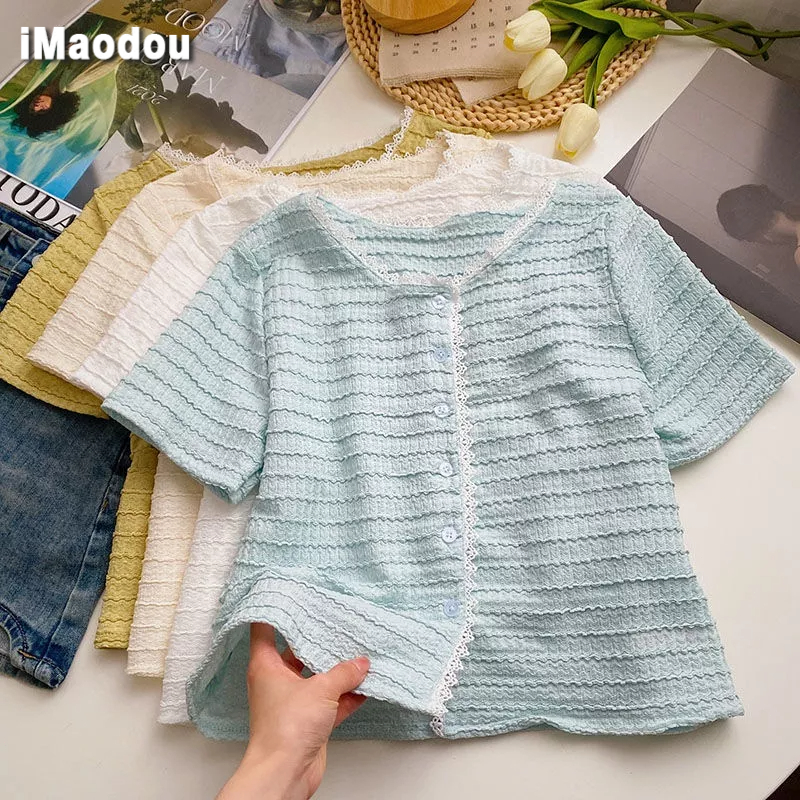 Áo Ren Mỏng Tay Ngắn Cổ Tròn Thiết Kế Mới Thời Trang Mùa Hè 2023 Phong Cách Hàn Quốc Cho Nữ