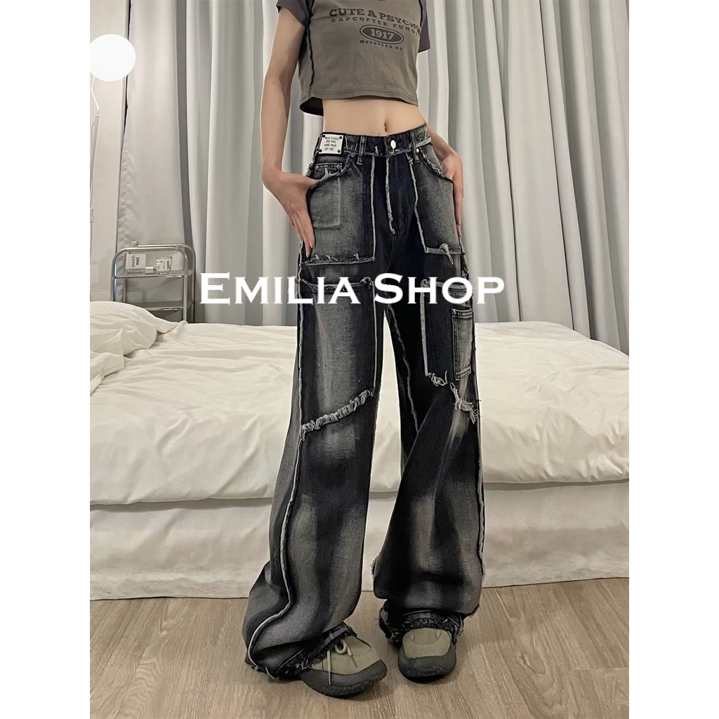 chất lượng cao EMILIA SHOP quần y2k quần ống rộng quần nữ jean 2023 New053009 ins Chất lượng cao Trendy Hàn Quốc A23L0LW 36Z230909