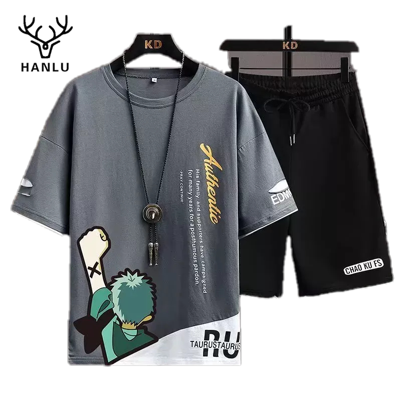 Set đồ thể thao HANLU gồm áo thun tay ngắn và quần short thời trang đơn giản thoáng khí cho nam