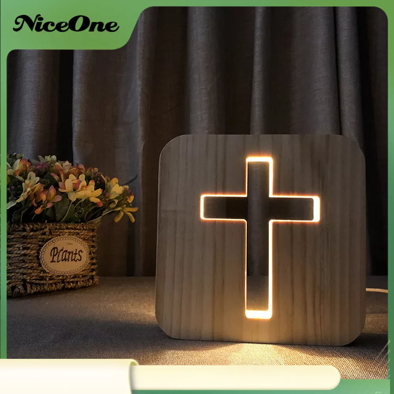 NiceOne Đèn Ngủ LED 3D Cây Thánh Giá Thiết Kế Rỗng Bằng Gỗ Độc Đáo Cho Phòng Đầu Giường Khách Văn