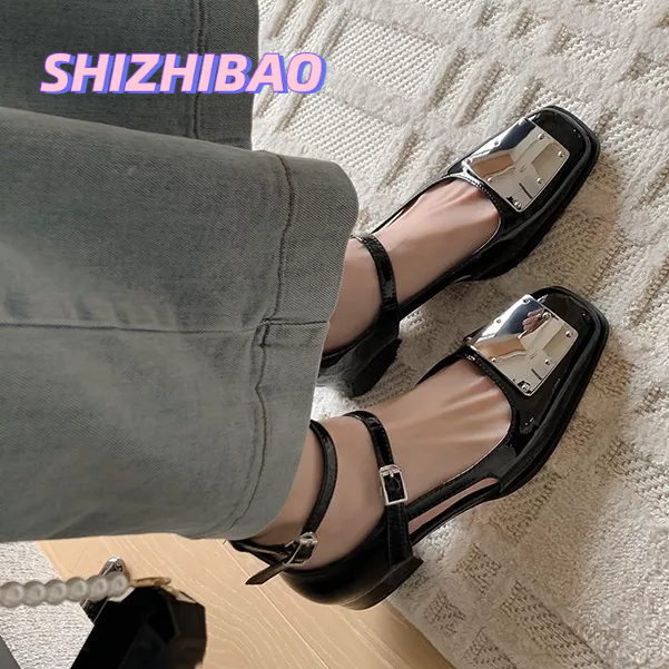 Shizhibao Giày Búp Bê Mary Jane Gót Dày Mũi Vuông Khoét Lỗ Có Khóa Cài Thiết Kế Hợp Thời Trang Cho Bạn Gái
