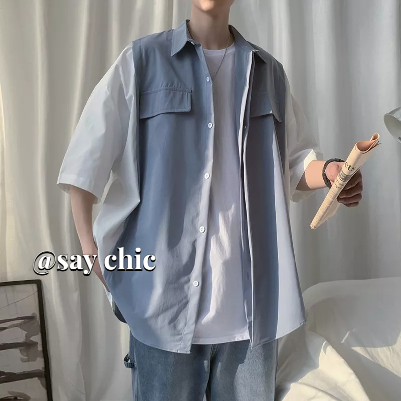 Áo Sơ Mi Ngắn Tay Giả Hai Lớp Phong Cách Hàn Quốc Dành Cho Nam
