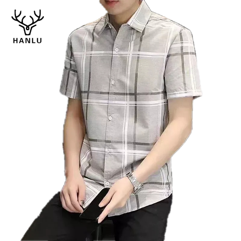 Áo sơ mi HANLU cotton tay ngắn họa tiết kẻ sọc đơn giản thời trang công sở cho nam