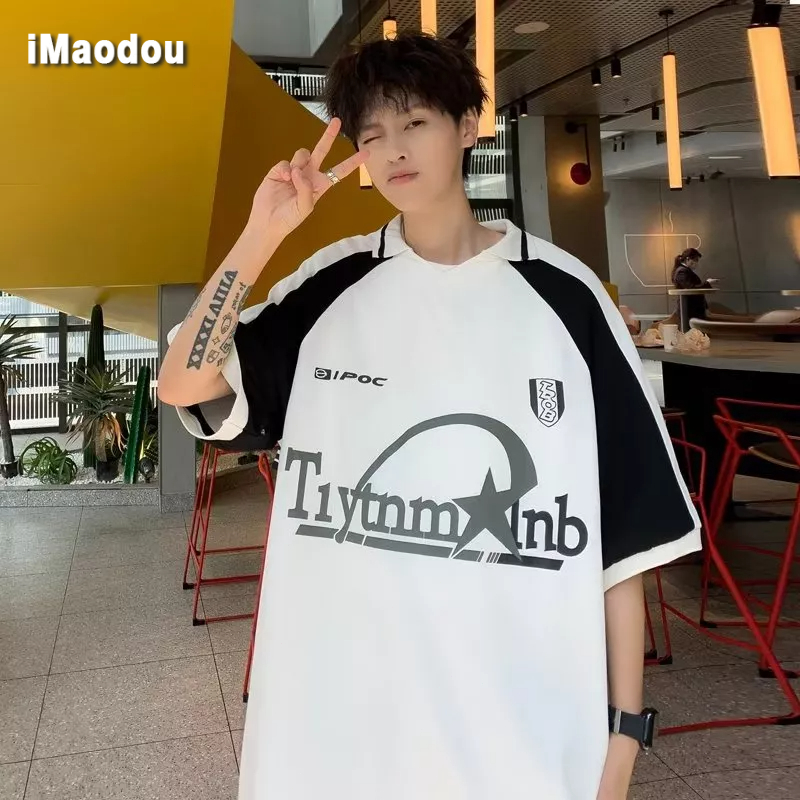 Áo Thun polo Tay Ngắn Dáng Rộng Màu Sắc Tương Phản Phong Cách Retro Mỹ Thời Trang Mùa Hè Cho Nam