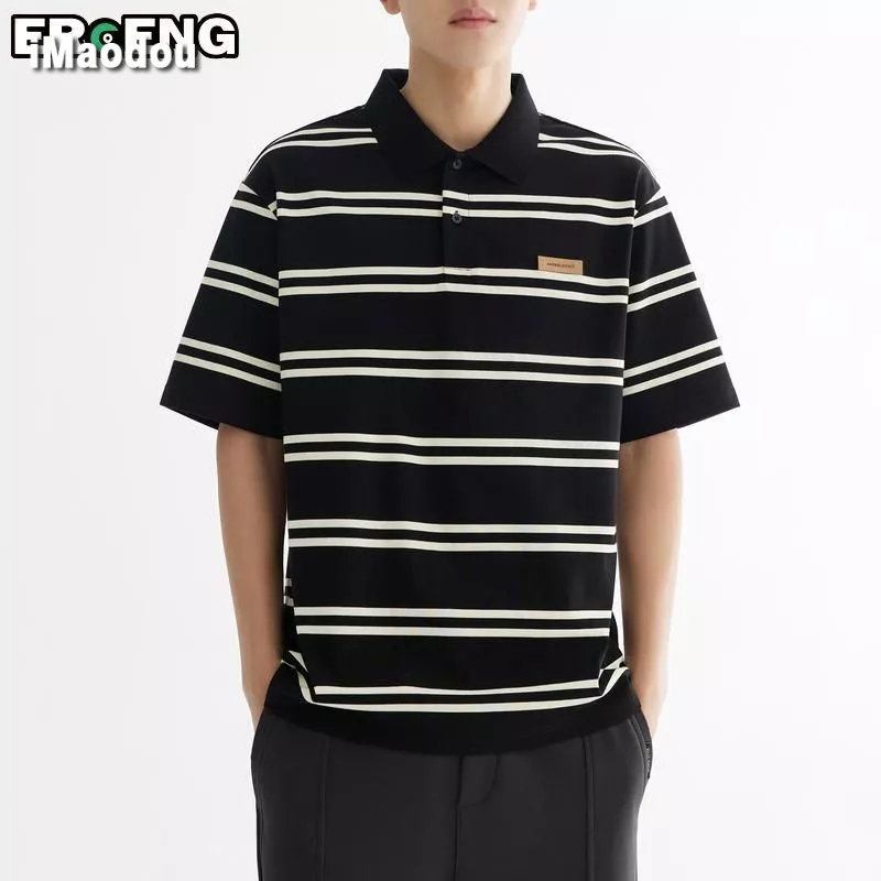 Áo Thun polo Ngắn Tay Form Rộng Họa Tiết Sọc Ngang Thời Trang Dành Cho Nam