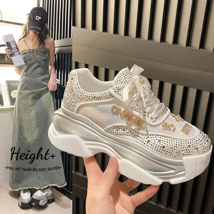 Giày Thể Thao Đế Dày 5cm Phối Lưới Thoáng Khí Đính Đá Thời Trang Cho Nữ