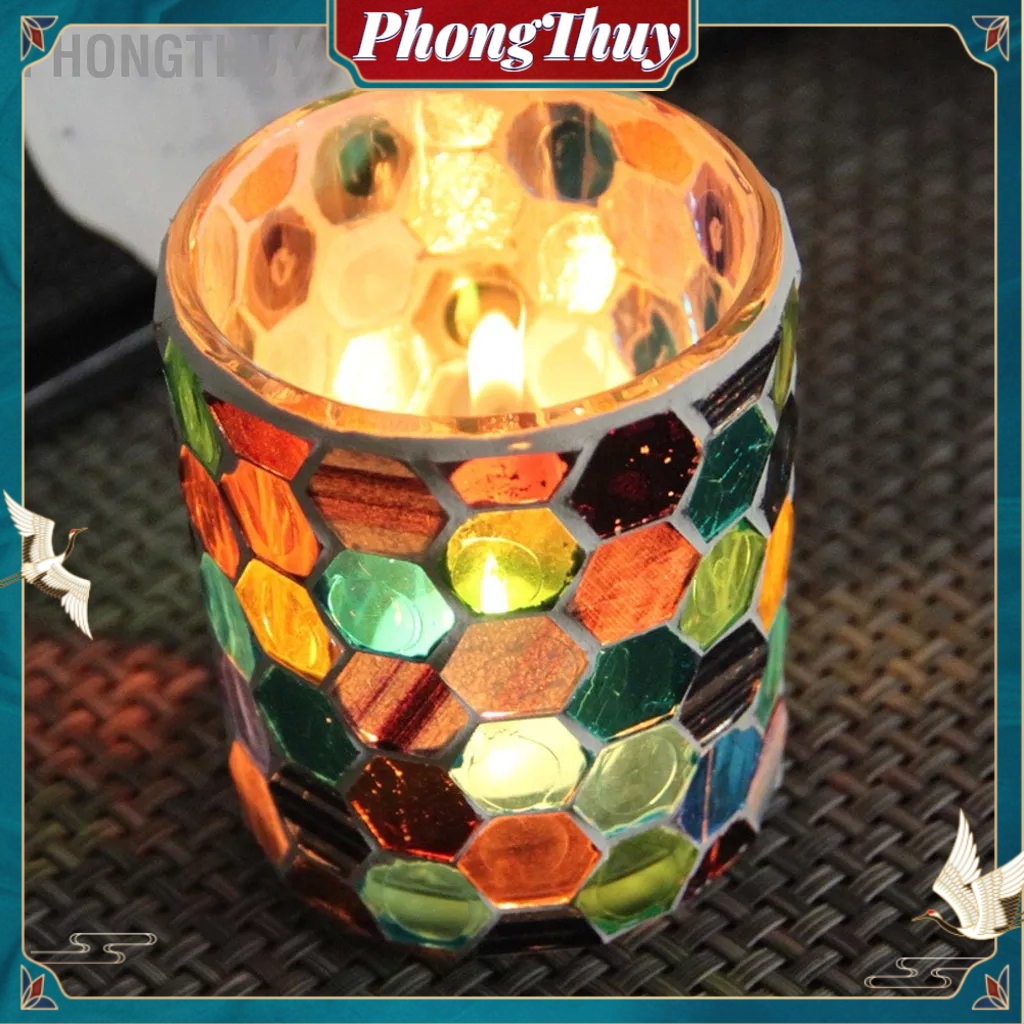 PhongThuy Người giữ ngọn nến thủy tinh Đầy màu sắc Trang trí thủ công Tealight lãng mạn cho tiệc cưới