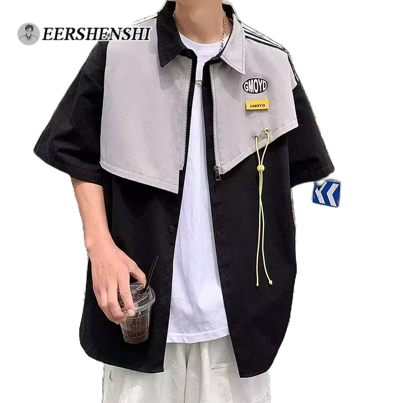 EERSHENSHI Áo Choàng Vải Thời Trang Dạo Phố Cá Tính|Áo Sơ Mi Tay Lửng Giả Hai Lớp Phong Cách Hàn Quốc Dành Cho Nam