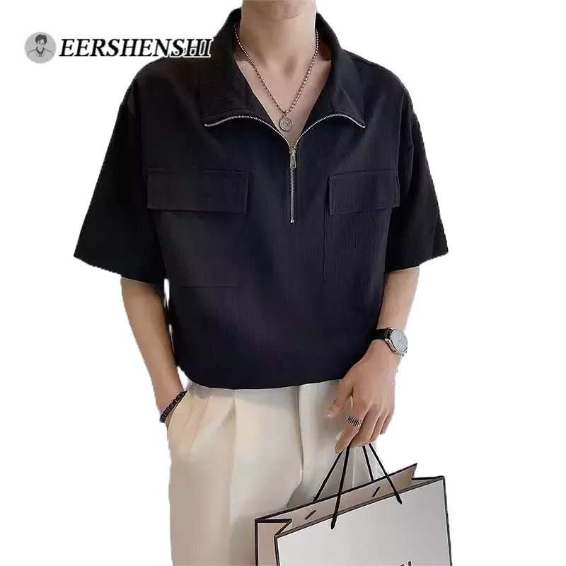 EERSHENSHI Áo Sơ Mi Lụa Ngắn Tay Cao Cấp Phối Túi Và Khóa Kéo Thời Trang Hàn Quốc Dành Cho Nam