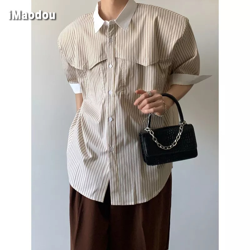 Áo Sơ Mi Tay Lửng Dáng Rộng Họa Tiết Kẻ Sọc Phong Cách Retro Nhật Bản Dành Cho Nam