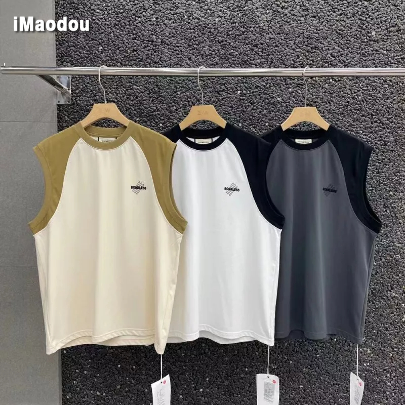 Áo Thun Cotton Không Tay Dáng Rộng Màu Sắc Tương Phản In Chữ Thời Trang Cho Nam Giới