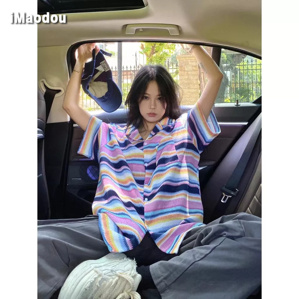 Áo Sơ Mi Dệt Kim Tay Ngắn Kẻ Sọc Màu Sắc Tương Phản Thời Trang Mùa Hè Cho Nam Và Nữ