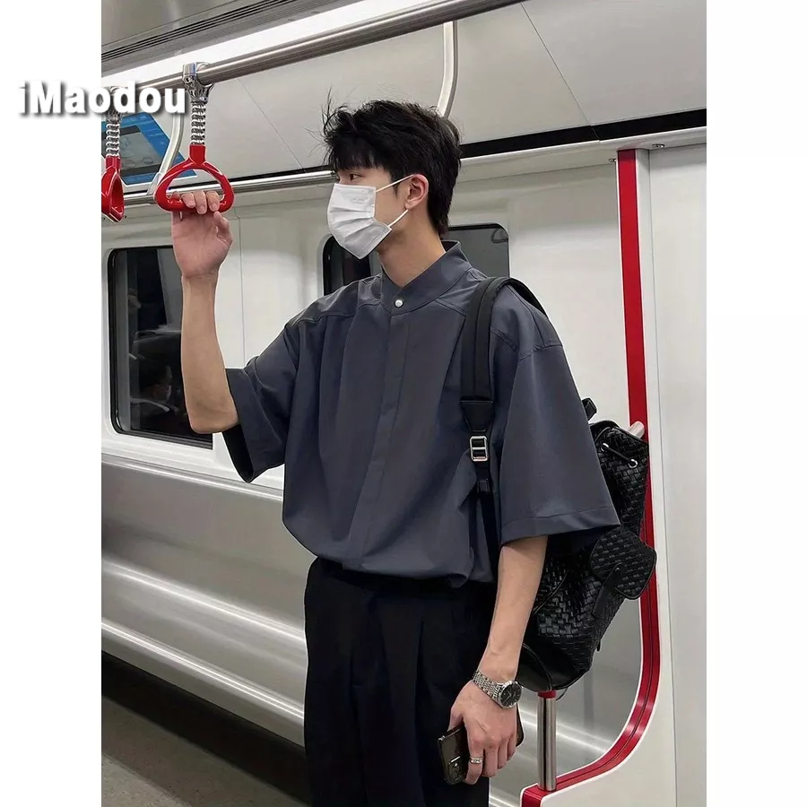 Áo Sơ Mi Tay Ngắn Cổ Đứng Dáng Rộng Phong Cách Đường Phố Thời Trang Mùa Hè Cho Nam