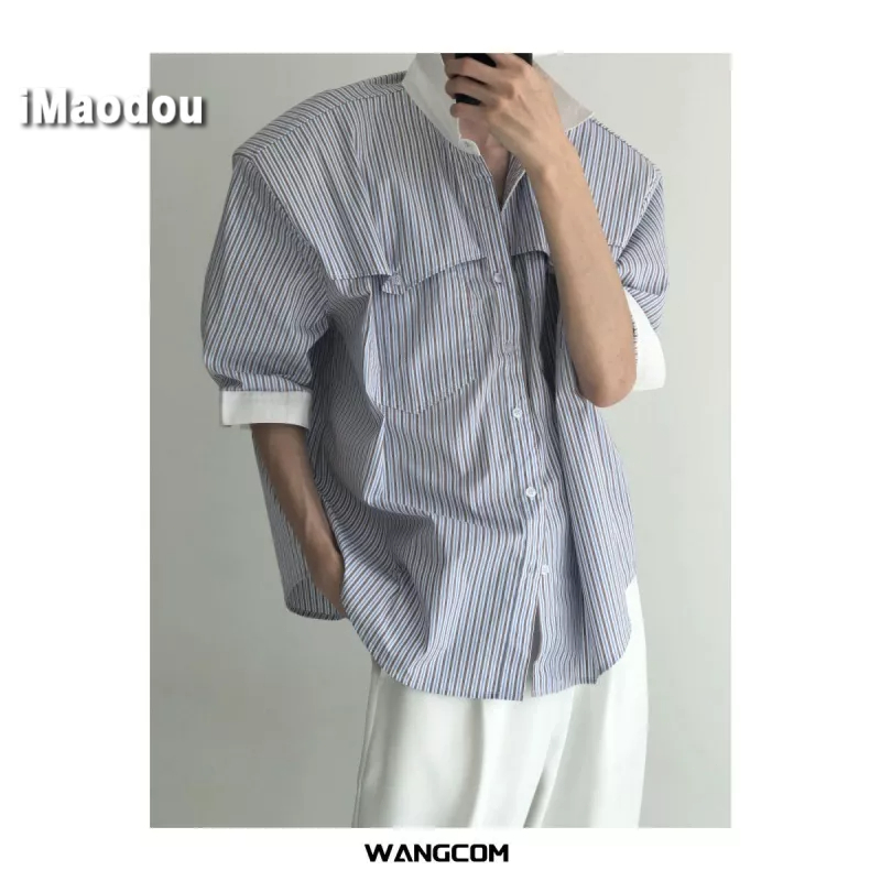 Áo Sơ Mi Tay Ngắn Dáng Rộng Kẻ Sọc Màu Sắc Tương Phản Thời Trang Mùa Hè Cho Nam