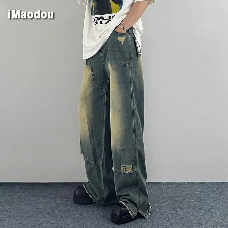 Quần Jean Ống Rộng Xẻ Tà Màu Gradient Phong Cách Đường Phố Mỹ Kiểu Mới Cho Nam Và Nữ