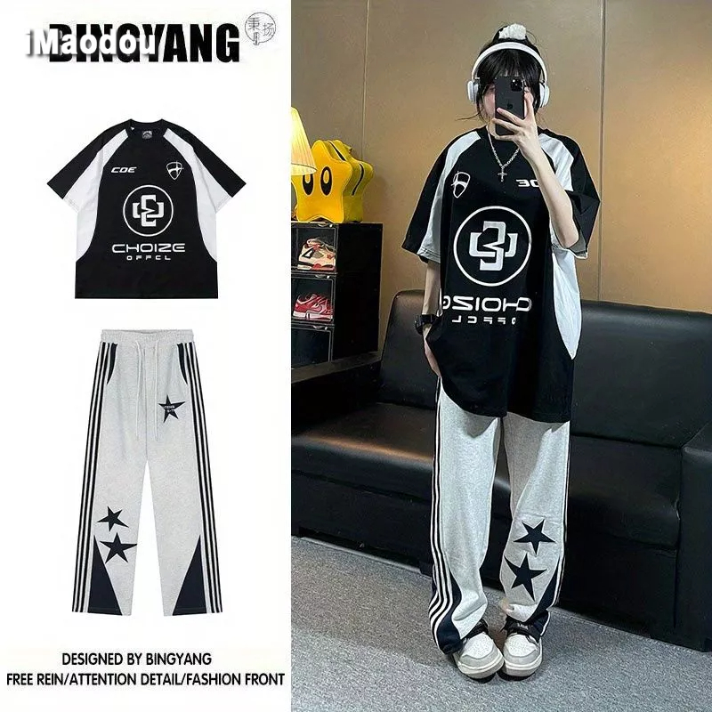 Áo Thun Ngắn Tay In Hình Xe Máy + Quần Thể Thao Thời Trang Cho Nam Nữ