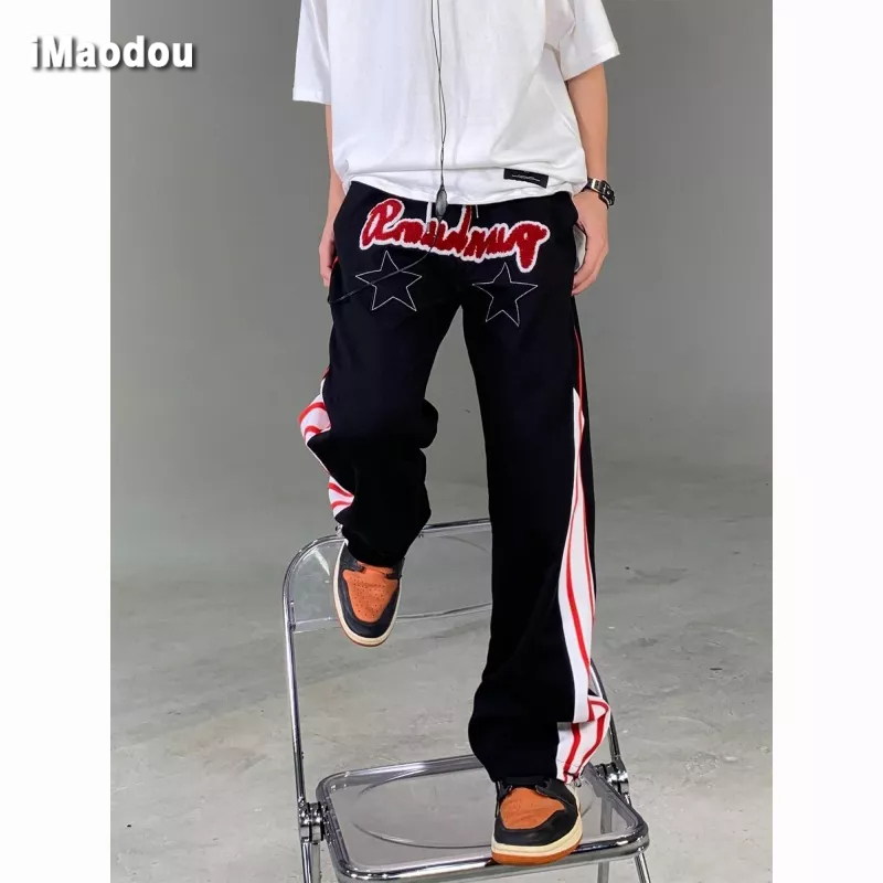 Quần Dài Ống Rộng Màu Đỏ Đen Phong Cách Retro Mỹ 2023 Cho Nam