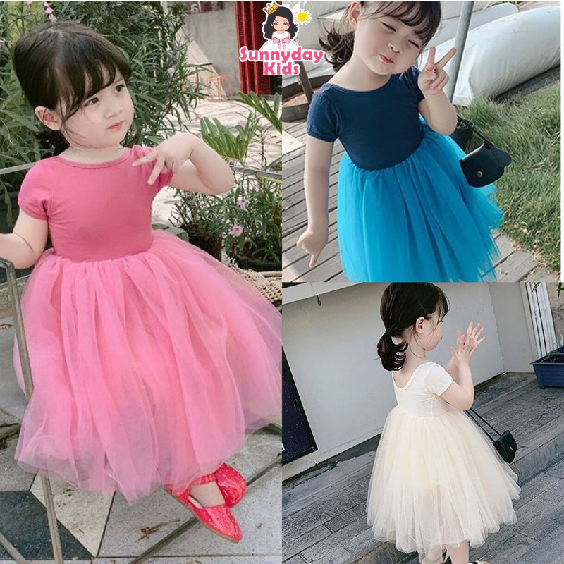 Đầm Lưới Tay Ngắn Màu Trơn Thời Trang Mùa Hè Xinh Xắn Cho Bé Gái