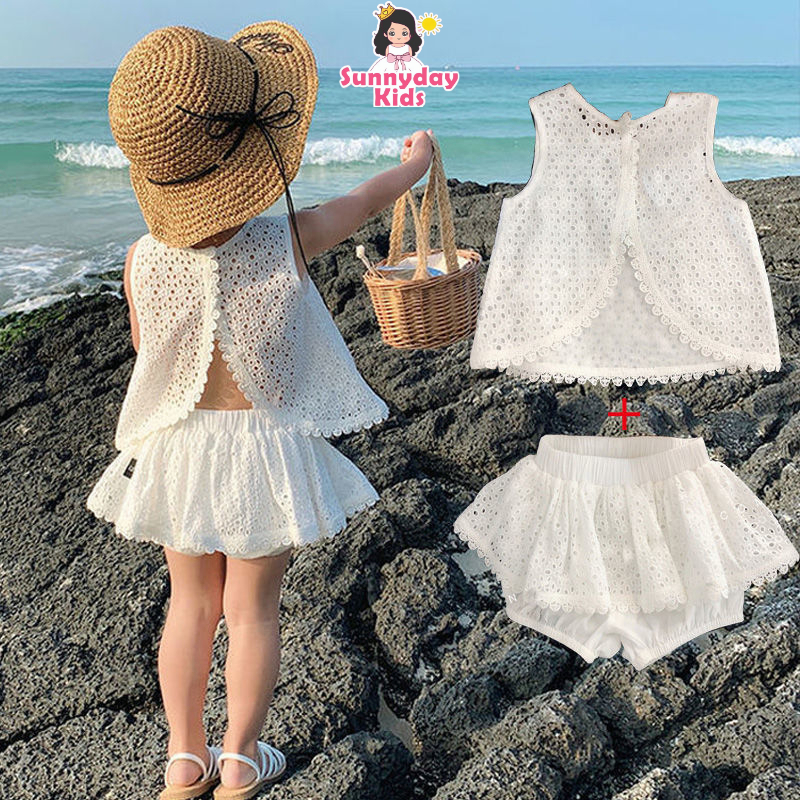 Set Đồ 2 Món Gồm Áo Cotton Không Tay Hở Lưng + Chân Váy Ngắn Cho Bé Gái
