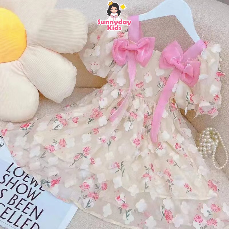 nơ Đầm Công Chúa Ngắn Tay Họa Tiết Hoa Ba Chiều Thời Trang Mùa Hè Cho Bé Gái