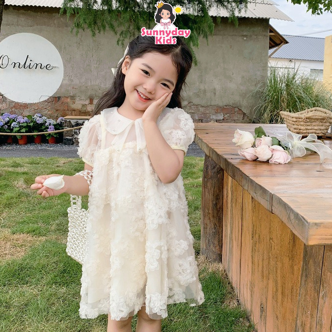 Mùa hè ngắn tay thời trang lưới ren công chúa đầm trắng hồng cho cô gái