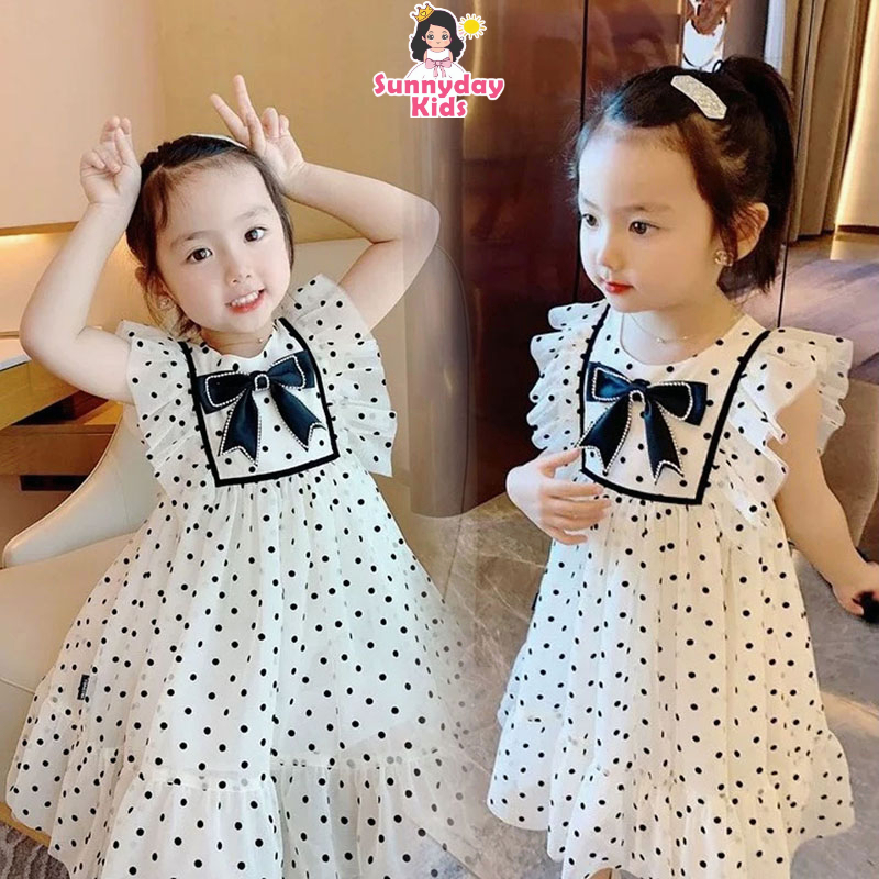 Cô gái Hàn Quốc phiên bản Wave Dot Butterfly Dress Mùa hè cô gái nhỏ với khí chất Fly Sleeves công chúa váy