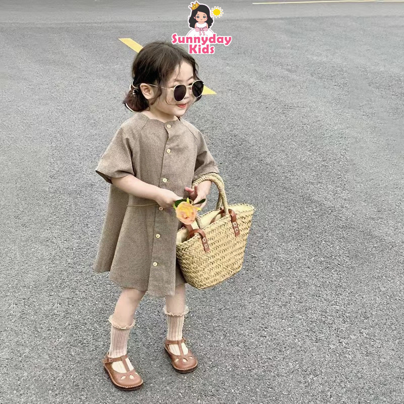 Cô gái mùa xuân và mùa hè đầm nâu bé Pháp Vintage Thousand Bird sọc bông váy