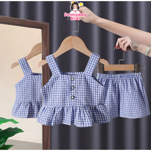 Set Áo Hai Dây + Quần Short Họa Tiết Caro Thời Trang Mùa Hè Cho Bé Gái