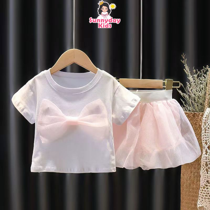 Bộ Áo Thun Cotton Thắt Nơ + Chân Váy Lưới Thời Trang Hàn Quốc 2021 Cho Bé Gái