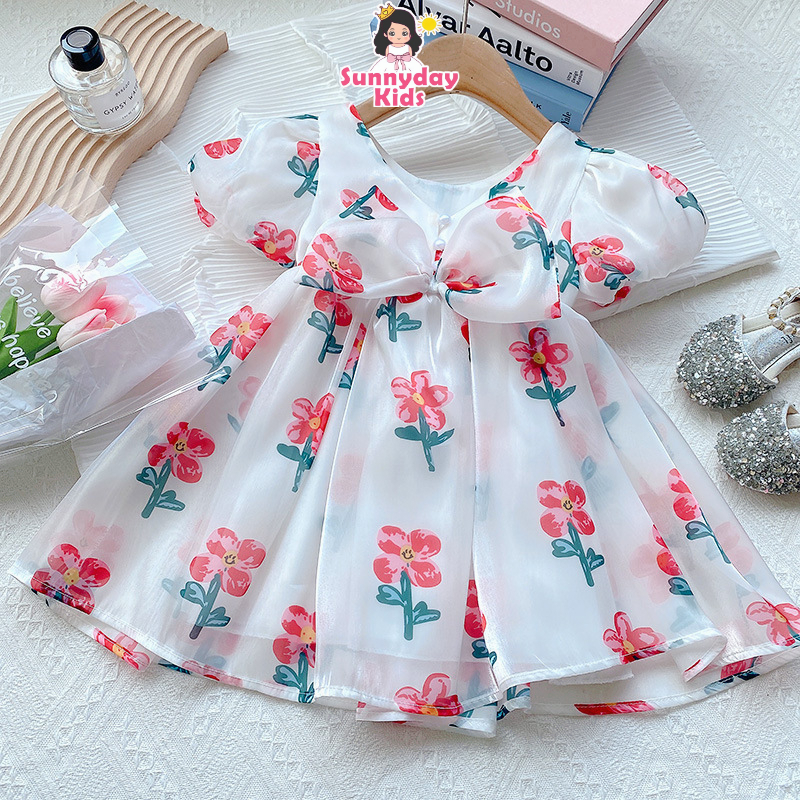 Cô gái ngắn tay áo đầm hoa in sợi công chúa váy