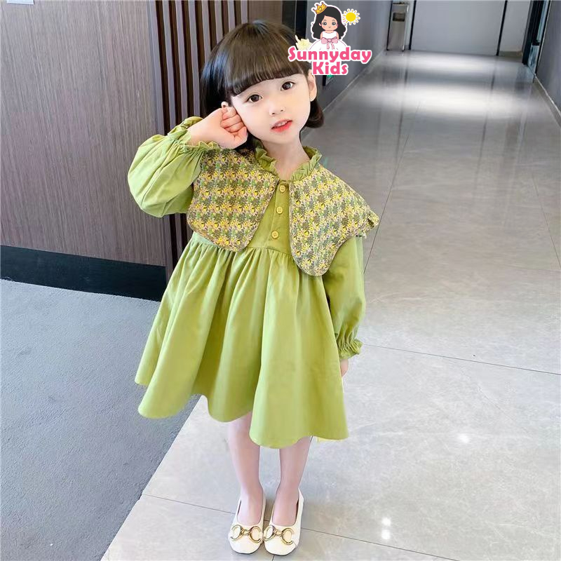Đầm Công Chúa Giả Hai Lớp Tay Phồng In Hoa Màu Bơ Thời Trang Hàn Quốc Cho Bé Gái