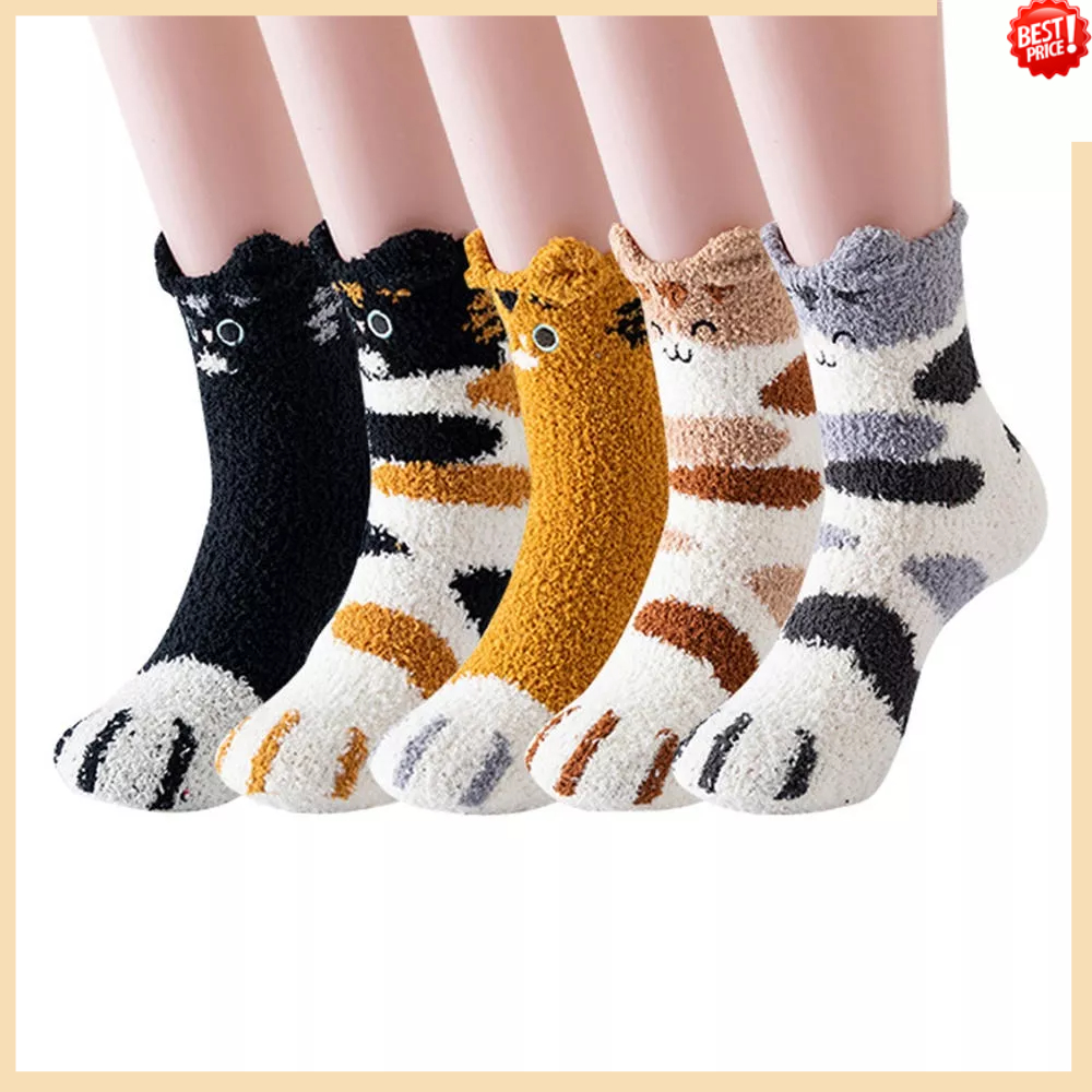 Women Home Coral Fleece Socks Kawaii Cat Claws Socks Winter Thick Warm Mid-thigh Socks Cute Cat Paws Floor Socks