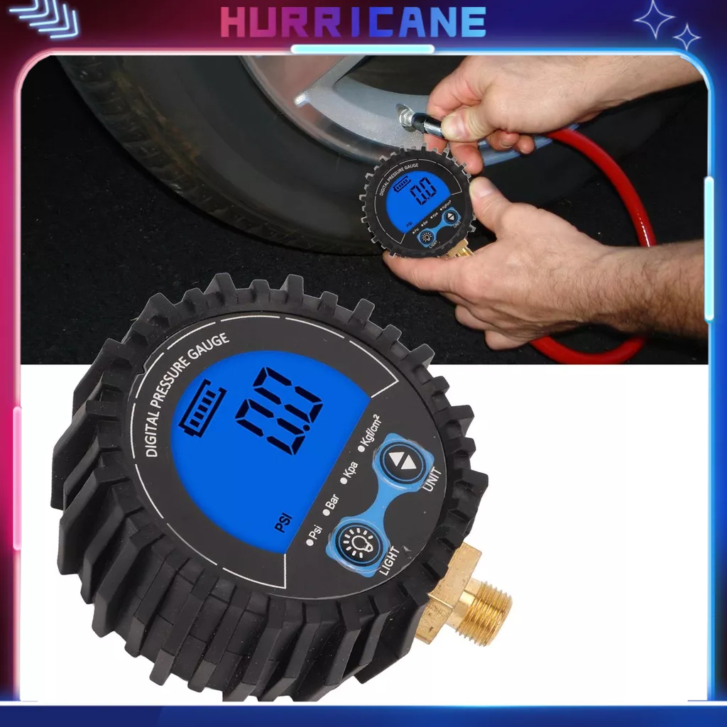 Hurricane Đồng hồ đo áp suất lốp kỹ thuật số Màn hình LCD Bốn đơn vị 3‑200PSI Bộ kiểm tra giám sát bơm hơi bánh xe M11x1 Chủ đề Đèn nền màu xanh lam