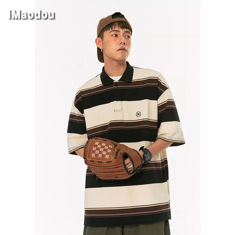 Áo Thun polo Ngắn Tay Form Rộng Họa Tiết Kẻ Sọc Màu Sắc Tương Phản Phong Cách Hong Kong Cho Nam