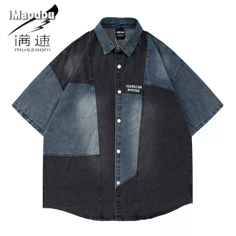 Áo Sơ Mi Denim Tay Ngắn Dáng Rộng Phối Màu Sắc Tương Phản Phong Cách Retro Dành Cho Cặp Đôi