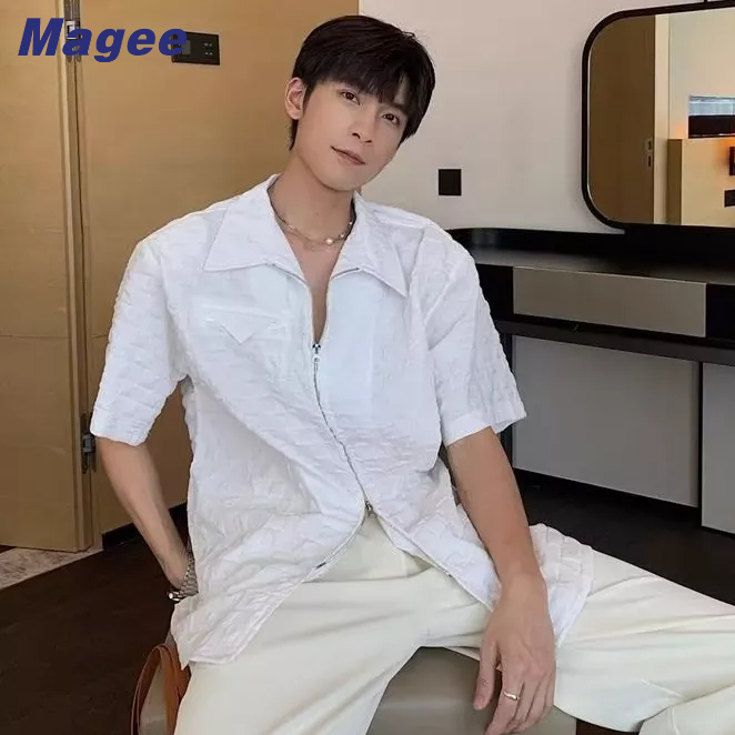 Áo Sơ Mi Tay Ngắn Có Khóa Kéo Họa Tiết Houndstooth Thời Trang Hàn Quốc Cho Nam