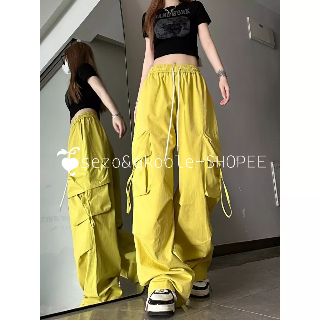 QKOOLE Quần Dài Thể Thao Ống Rộng Phối Túi Lớn Màu Vàng Thời Trang Mùa Hè Cá Tính Cho Nữ