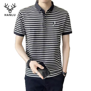 Áo thun polo HANLU tay ngắn bằng vải cotton dáng ôm thêu họa tiết kẻ sọc tinh tế chất lượng cao cho nam