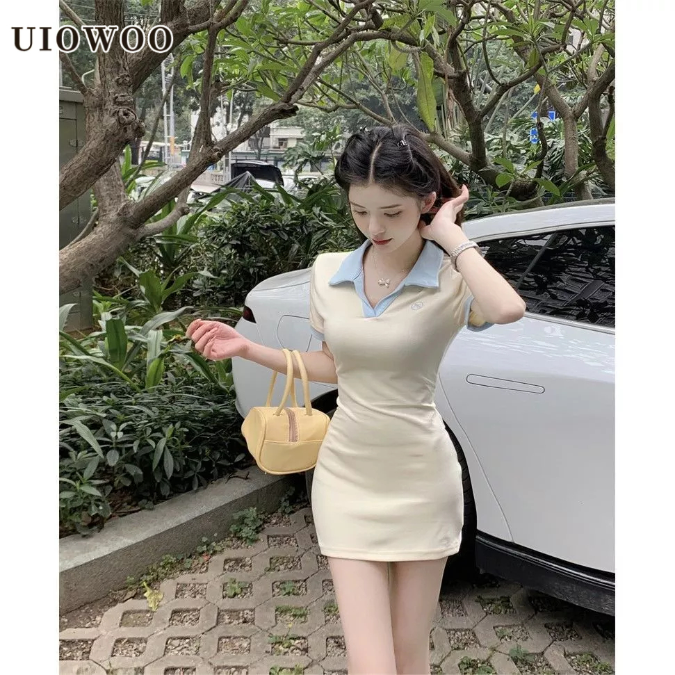 Uiowoo Đầm Ngắn Ôm Dáng Cổ Polo Màu Tương Phản Thời Trang Mùa Hè Cho Nữ
