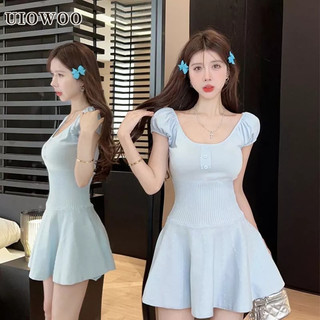 Đầm Dệt Kim Tay Phồng Cổ Vuông Thời Trang Mùa Hè Cho Nữ