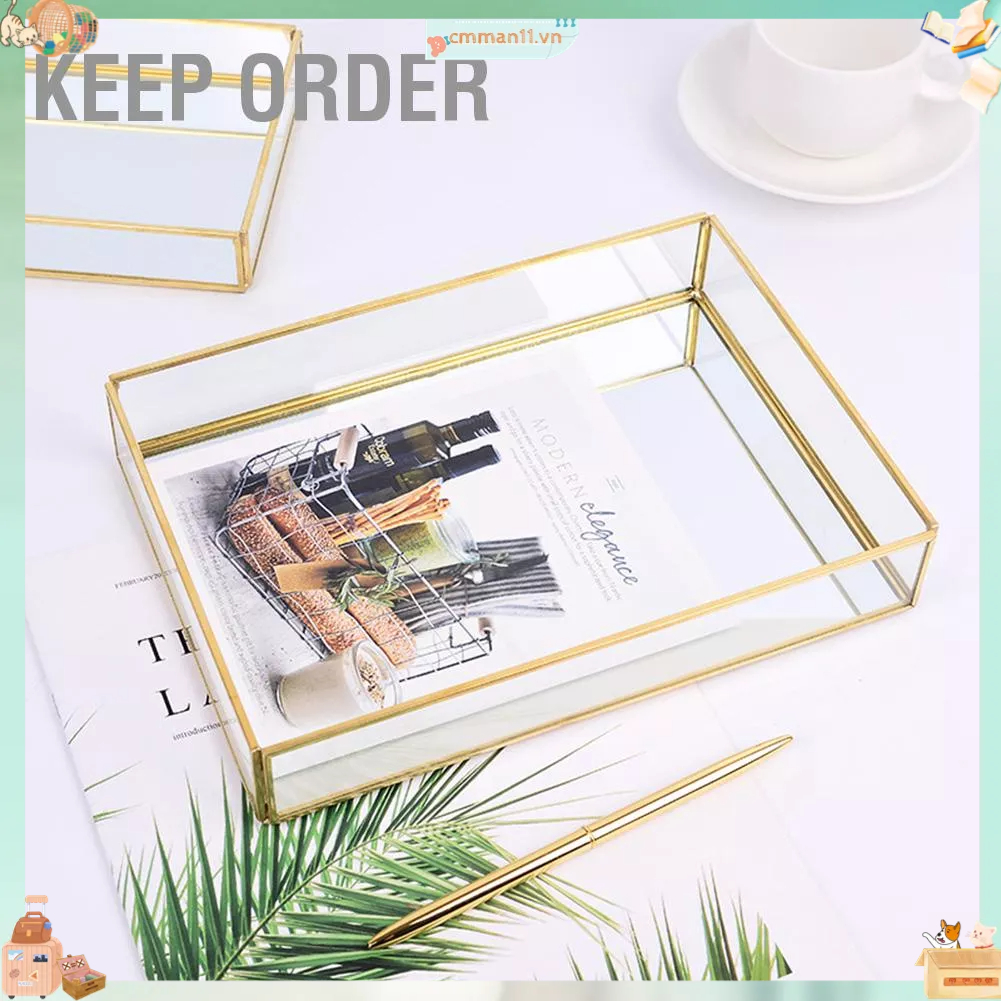 Keep order Hộp lưu trữ thủy tinh bằng kim loại cổ điển Khay vàng Trang sức trưng bày mỹ phẩm