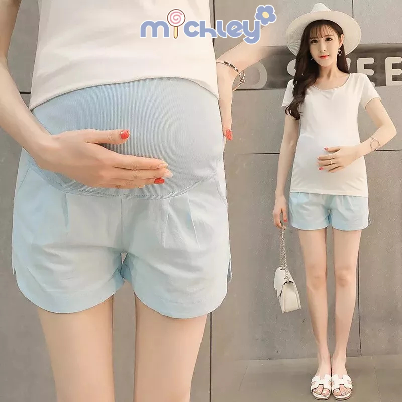 Quần Short Cotton + Linen Lưng Cao Co Giãn Thoải Mái Cho Mẹ Bầu