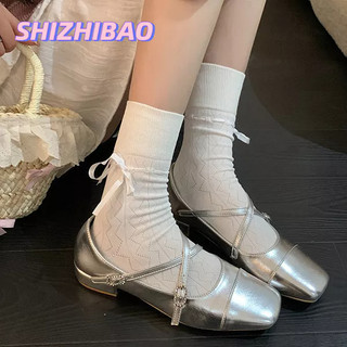 Giày Búp Bê Gót Thấp Mũi Vuông Màu Bạc Phong Cách Pháp Thời Trang Xuân Thu Cho Nữ Phù Hợp