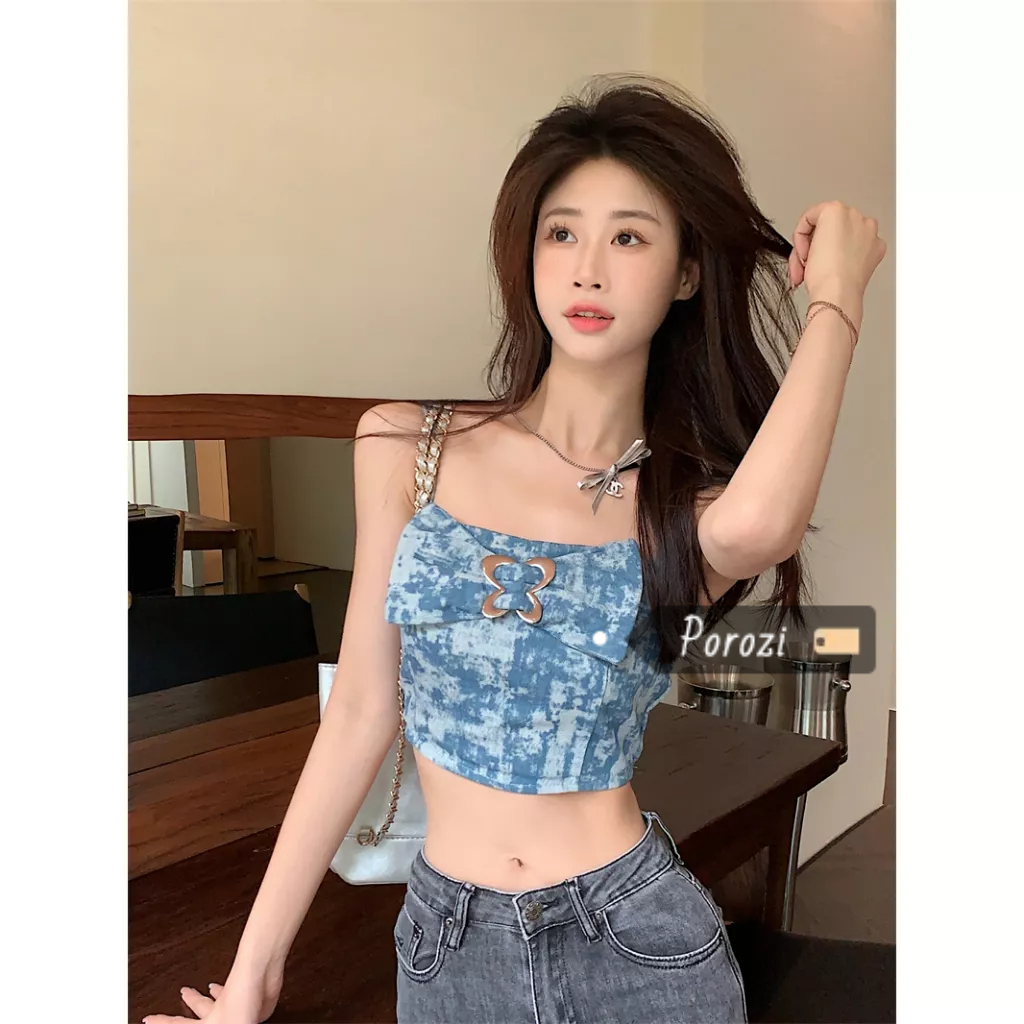 Porozi Áo croptop Hai Dây Màu Nhuộm Xanh Dương Đính Nơ Hở Lưng Ngọt Ngào Phong Cách retro Mùa Hè Cho Nữ