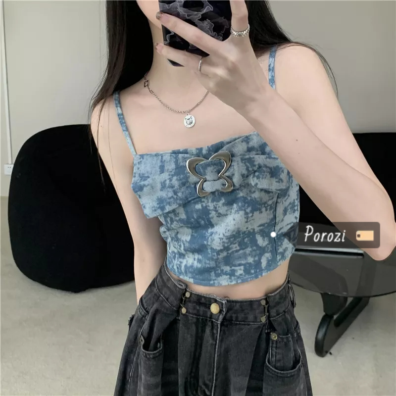 Porozi Áo croptop Hai Dây Nhuộm Màu Thiết Kế Thắt Nơ Bướm Thời Trang Mùa Hè Cá Tính Dành Cho Bạn Nữ
