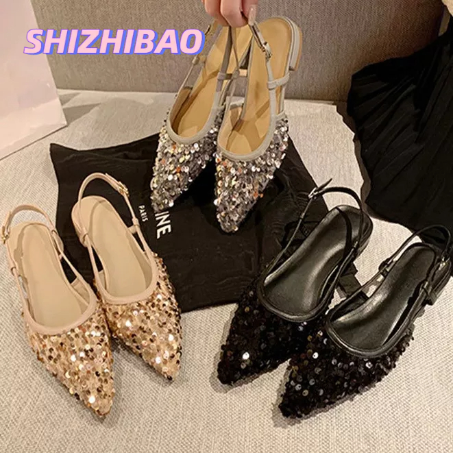 Xăng đan SHIZHIBAO mũi nhọn rỗng đính pha lê sáng lấp lánh đi tiệc tối mới