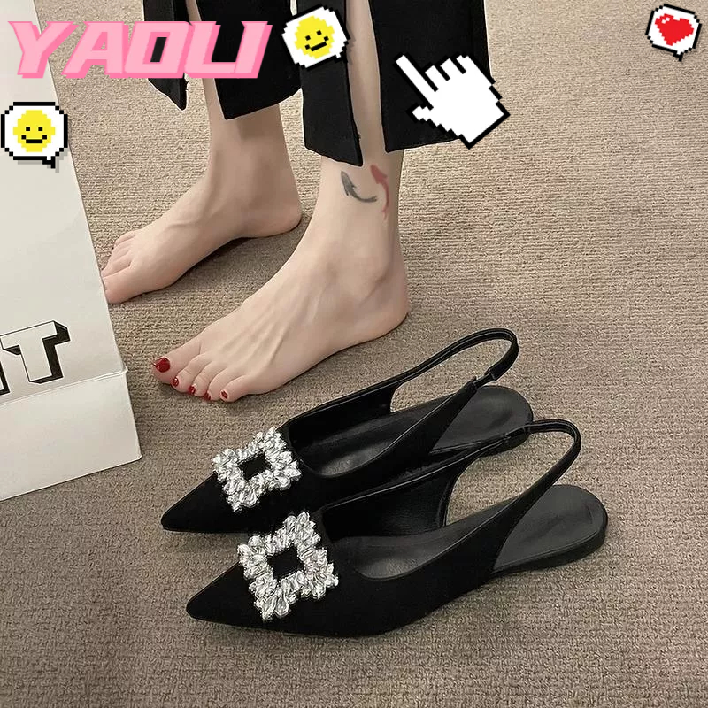 YAOLI Xăng đan Mũi Nhọn Đế Bằng Đính Đá Màu Đen Phong Cách Pháp
