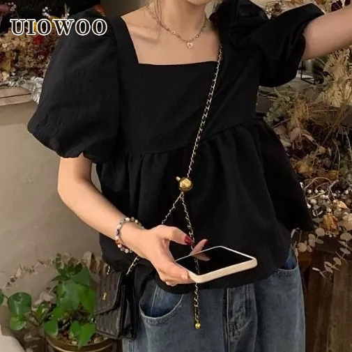 Áo Kiểu Cổ Vuông Tay Phồng Màu Đen Phong Cách Pháp Thời Trang Mùa Hè Xinh Xắn Cho Nữ