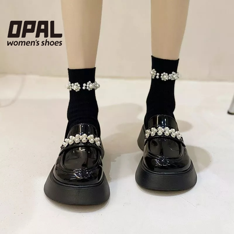 OPAL Mary jane cao gót Giày lười da đế dày đính kim cương giả Phong cách thời trang Hàn Quốc 2023